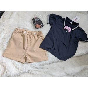 Patpat Boys' Outfit Navy Polo With Khaki Shorts And Suspenders New With Tags